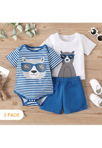 3pcs Baby Boy Cartoon Bear Print Short-sleeve T-shirt and Striped Romper with Solid Shorts Set