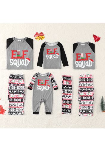 Christmas Elf Letters Print Colorblock Family Matching Long-sleeve Pajamas Sets (Flame Resistant)