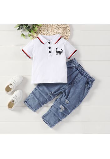 2pcs Toddler Boy Playful Ripped Denim Jeans and Dinosaur Print Polo Shirt Set