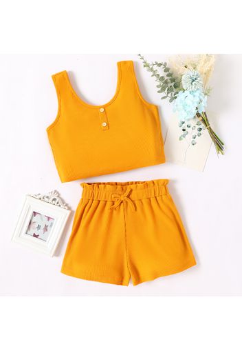 2pcs Kid Girl Solid Color Button Design Waffle Tank Top and Bowknot Design Paperbag Shorts Set