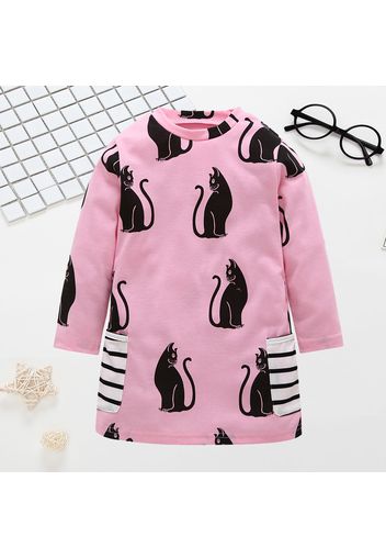 Cute Cat Print Striped Pockets Long-sleeve Dress for Toddler Girl