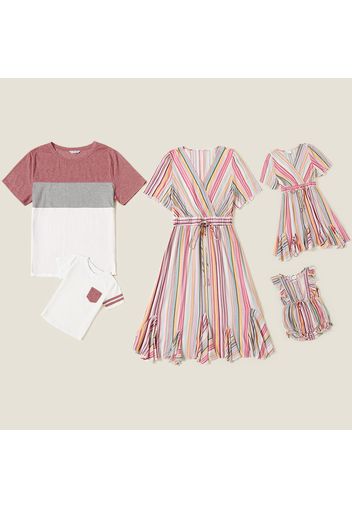 Pink Series Family Matching Sets（Striped Cross Wrap V Neck Short-sleeve Ruffle Hem Dresses and Colorblock T-shirts）