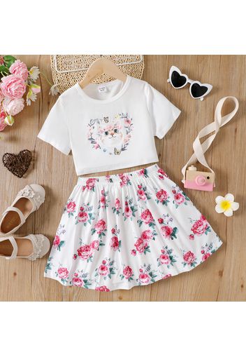 2pcs Kid Floral Cat Print Short-sleeve Crop Tee and Elasticized Skirt Set