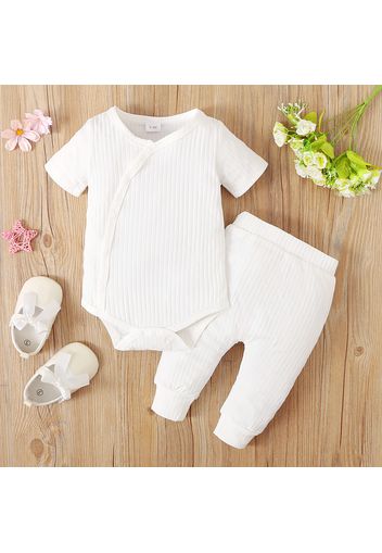 2pcs Baby Girl Solid Ribbed Short-sleeve Snap Romper and Pants Set