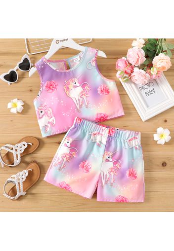 2pcs Kid Girl Floral Unicorn Print Back Button Sleeveless Tee and Elasticized Shorts Set