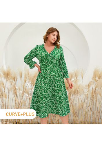 Women Plus Size Elegant Floral Print Ruffled V Neck Long-sleeve Dress