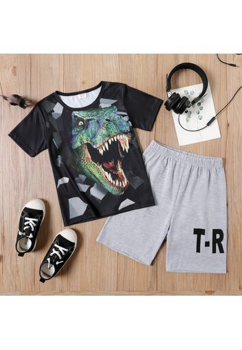 2-piece Kid Boy Animal Dinosaur Print Tee and Letter Print Elasticized Shorts Set