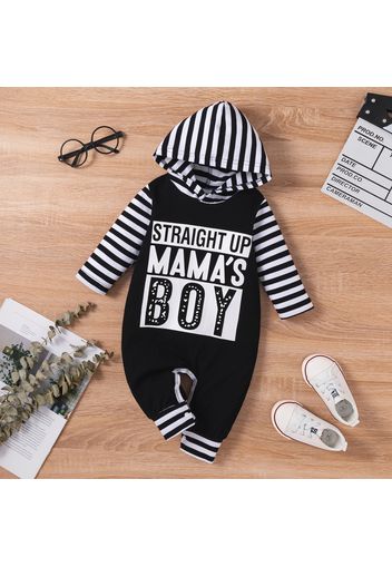 Baby Boy Letter Print Black/Camouflage Splicing Striped Long-sleeve Hooded Jumpsuit