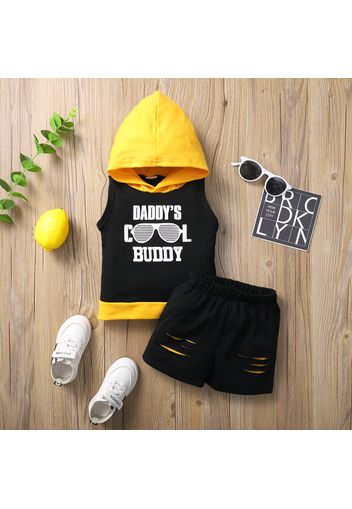 2pcs Baby Boy Letter Print Colorblock Hooded Tank Top and Ripped Shorts Set