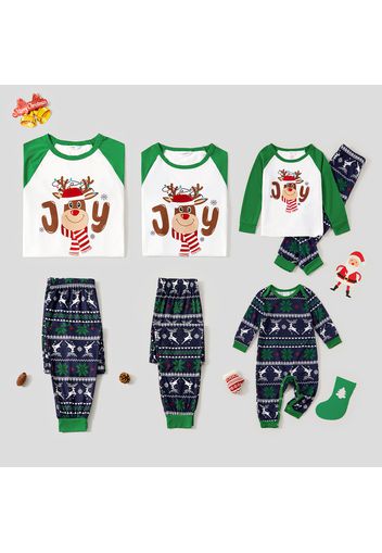 Christmas Cartoon Reindeer Print Green Family Matching Long-sleeve Pajamas Sets (Flame Resistant)