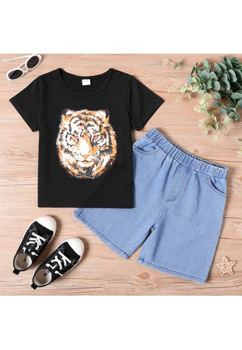 2-piece Kid Boy Animal Print Short-sleeve Black Tee and Denim Shorts Set