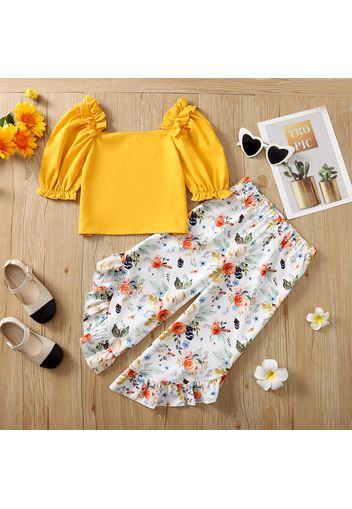 2pcs Kid Girl Ruffled Square Neck Short-sleeve Yellow Top and Floral Print Irregular Capri Pants Set