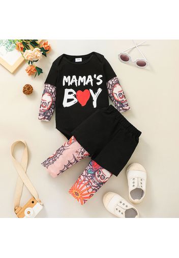 2pcs Baby Boy Skull and Letter Print Black Faux-two Long-sleeve Romper and Pants Set