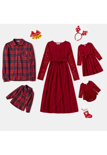 Family Matching Red V Neck Splicing Lace Long-sleeve Belted Dresses and 100% Cotton Plaid Shirts Sets