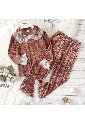 2-piece Kid Girl Lace Design Lapel Collar Long-sleeve Velvet Top and Pants Set