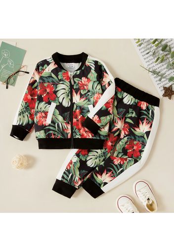 2-piece Toddler Girl Floral Print Zipper Bomber Jacket and Pants Set