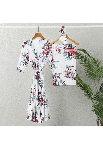 Mommy and Me All Over Plants Floral Print Half-sleeve Robe and Swaddle Set