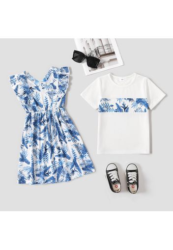 Sibling Matching Allover Blue Palm Leaf Print Short-sleeve Set