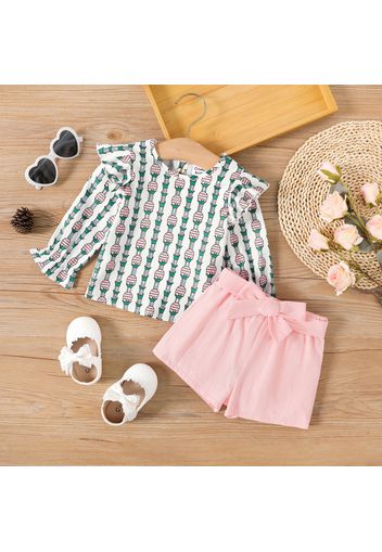 2pcs Baby Girl 100% Cotton Belted Shorts and Allover Pineapple Print Ruffle Trim Long-sleeve Top Set