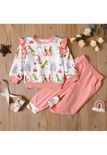 2-piece Toddler Girl Animal Print Ruffled Colorblock Long-sleeve Top and Pants Casual Set