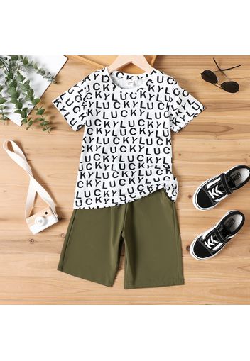 2pcs Kid Boy Letter Allover Print Short-sleeve Tee and Elasticized Shorts Set