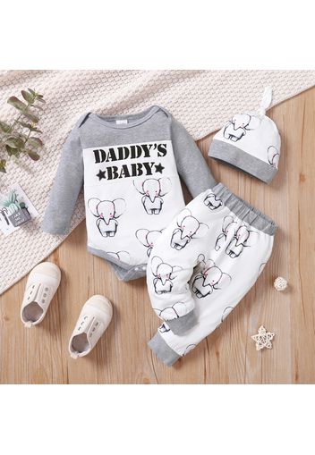 3pcs Baby Boy/Girl All Over Cartoon Elephant Print Grey Long-sleeve Romper and Pants with Hat Set