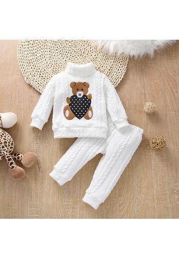 2pcs Teddy and Heart Applique Knitted Turtleneck Long-sleeve White Baby Set