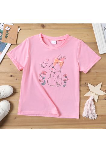 Kid Girl Rabbit Floral Print Bowknot Design Pink Tee