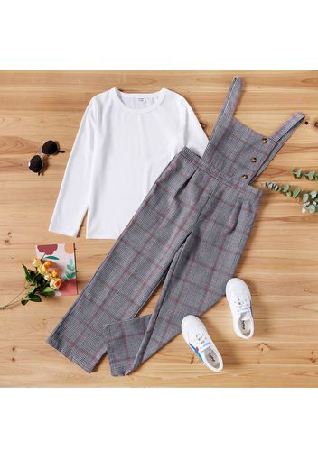 2-piece Kid Girl Long-sleeve White Tee and Button Design Plaid Overalls Set