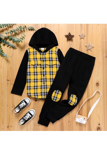 2pcs Kid Boy Casual Plaid Splice Hooded Long-sleeve Tee and Elasticized Pants Set