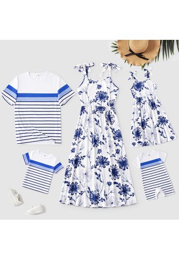 Family Matching All Over Blue Floral Print Tie Shoulder Cami Dresses and Short-sleeve Striped T-shirts Sets