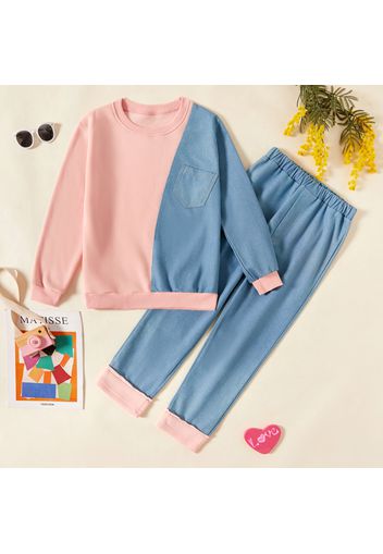 2-piece Kid Girl Colorblock Denim Splice Fuzzy Fleece Lined Pullover Sweatshirt and Pants Casual Set