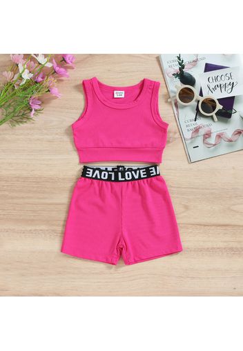 2pcs Baby Girl Solid Rib Knit Tank Crop Top and Letter Detail Shorts Set