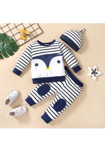 3pcs Baby Cartoon Penguin Pattern Blue Striped Long-sleeve Pullover and Trousers Set