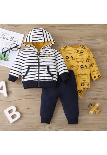 3pcs Baby Cartoon Truck Print Long-sleeve Romper with Joggers and Striped Hoodie Set