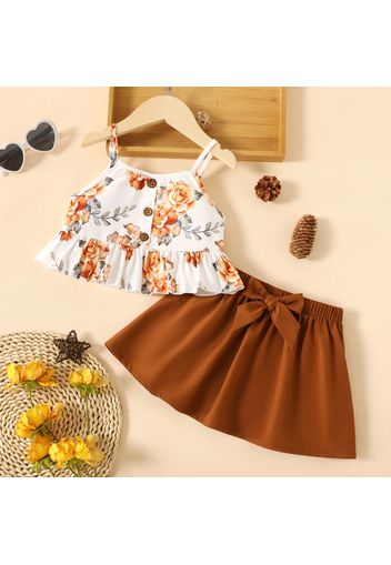 2pcs Toddler Girl Floral Print Button Design Ruffled Camisole and Bowknot Design Skirt Set