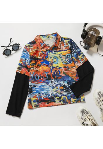 Kid Boy Letter Painting Print Button Down Colorblock Streetwear Shirt