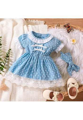 2pcs Baby Girl Polka Dots Ruffle Trim Puff-sleeve Lace Hem Dress with Headband Set