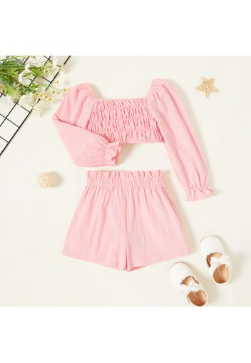 2-piece Toddler Girl 100% Cotton Square Neck Ruffle-sleeve Solid Smocked Top and Paperbag Shorts Set