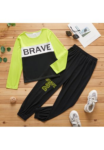 2-piece Kid Boy Letter Print Colorblock Long-sleeve T-shirt and  Letter Number Print Elasticized Pants Set