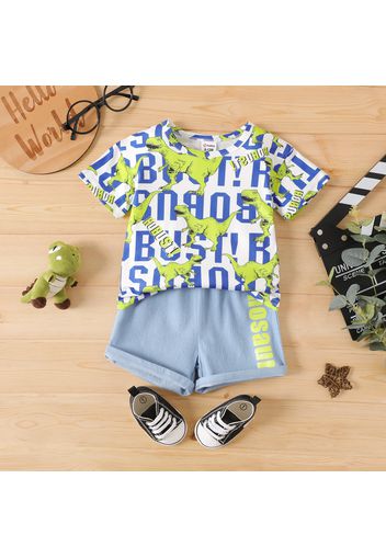 2pcs Baby Boy All Over Dinosaur and Letter Print Short-sleeve Tee and Shorts Set