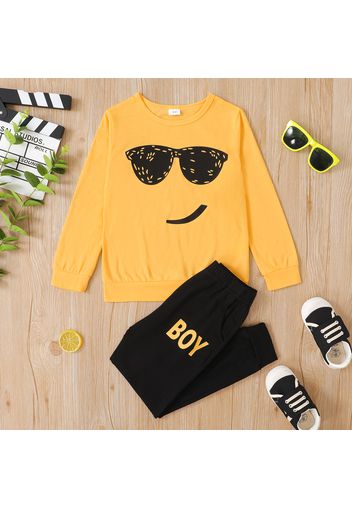 2-piece Kid Boy Emoji Print Long-sleeve Tee and Letter Print Pants Casual Set