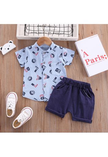 2pcs Baby Boy All Over Letter Print Button Up Short-sleeve Shirt and Solid Shorts Set