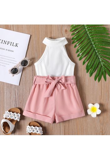 2pcs Toddler Girl Ribbed Halter Tank Top and Belted Shorts Set