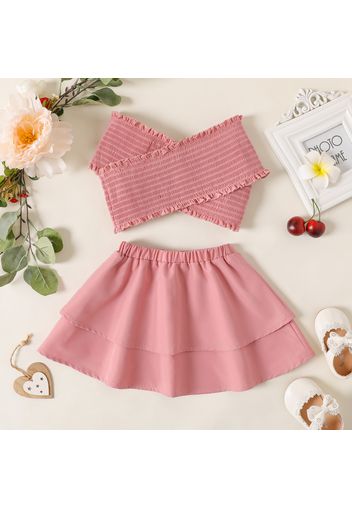 2pcs Baby Girl Pink Off Shoulder Lettuce Trim Shirred Crisscross Top and Layered Skirt Set