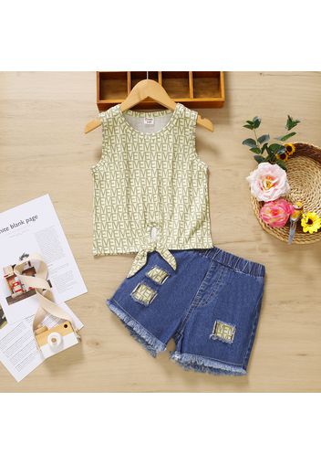 2pcs Toddler Girl Letter Print Tie Knot Sleeveless Tee and Blue Ripped Denim Shorts Set