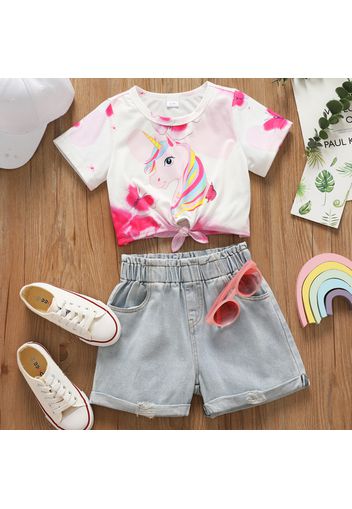 2pcs Kid Girl Unicorn Butterfly Print Tie Knot Short-sleeve Tee and Denim Shorts Set