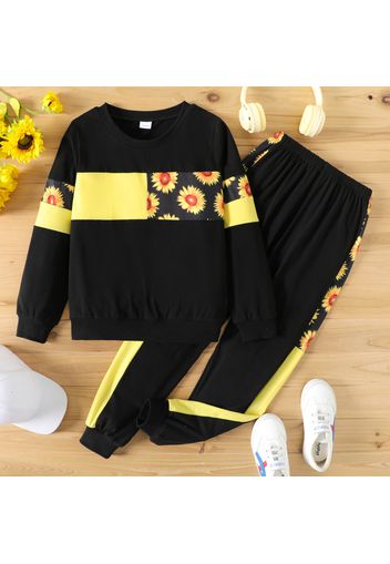 2pcs Kid Girl Floral Sunflower Print Colorblock Pullover Sweatshirt and Elasticized Pants Set