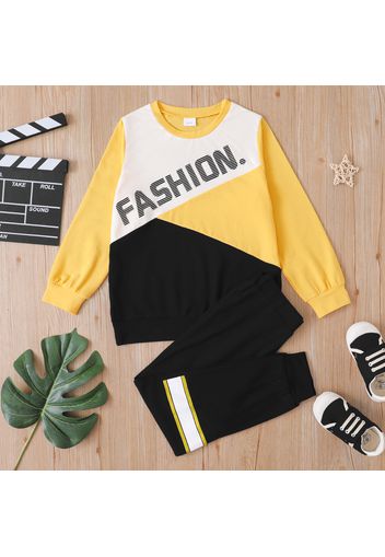 2-piece Kid Boy Letter Print Colorblock Pullover and Elasticized Stripe Pants Set