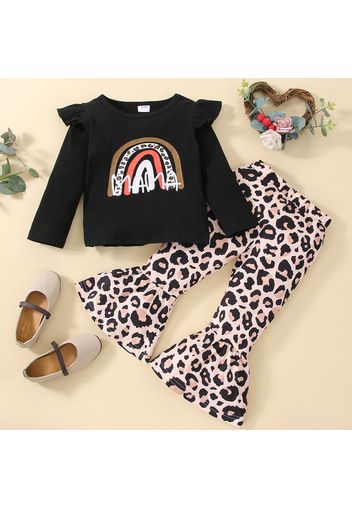 2-piece Toddler Girl Ruffled Letter Rainbow Print Long-sleeve Black Tee and Leopard Print Flared Pants Set